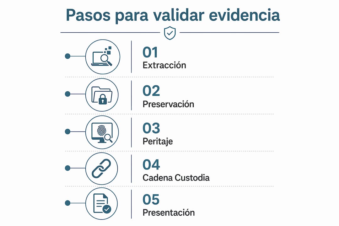 Infografía que explica cómo comprobar la validez de pruebas basadas en blockchain durante un proceso judicial.