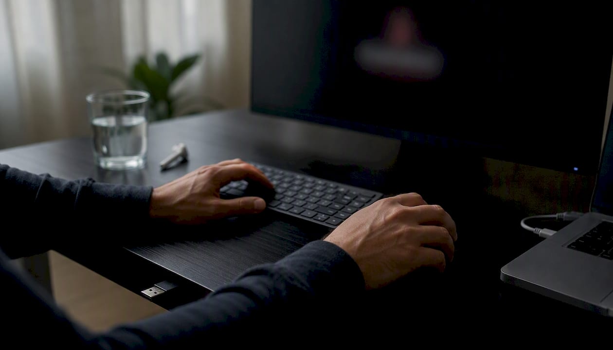 Hands near computer with blurred malware alert
