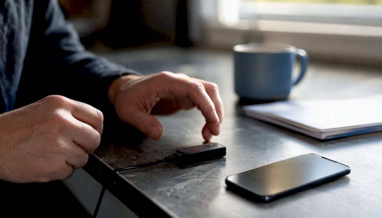 Hands near hardware wallet and smartphone
