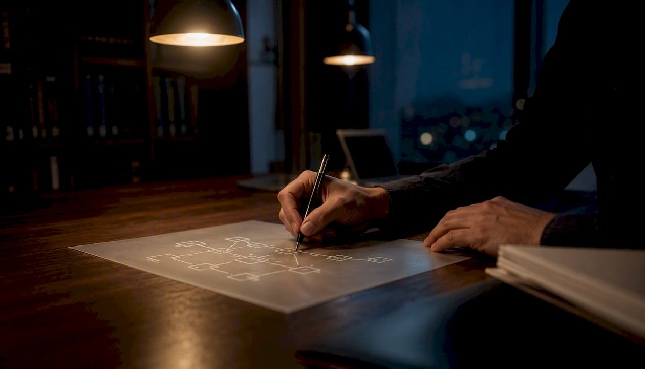 Hands tracing blockchain ledger on translucent paper