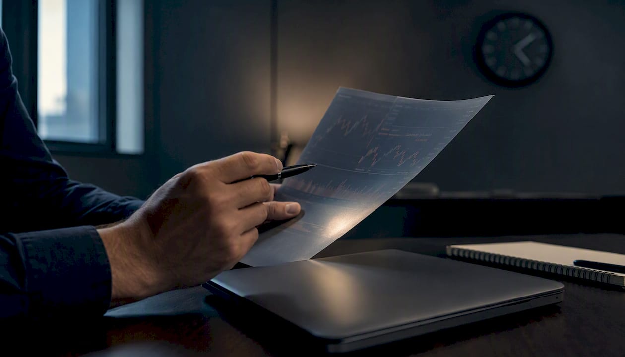 Hands pointing near laptop with blurred charts