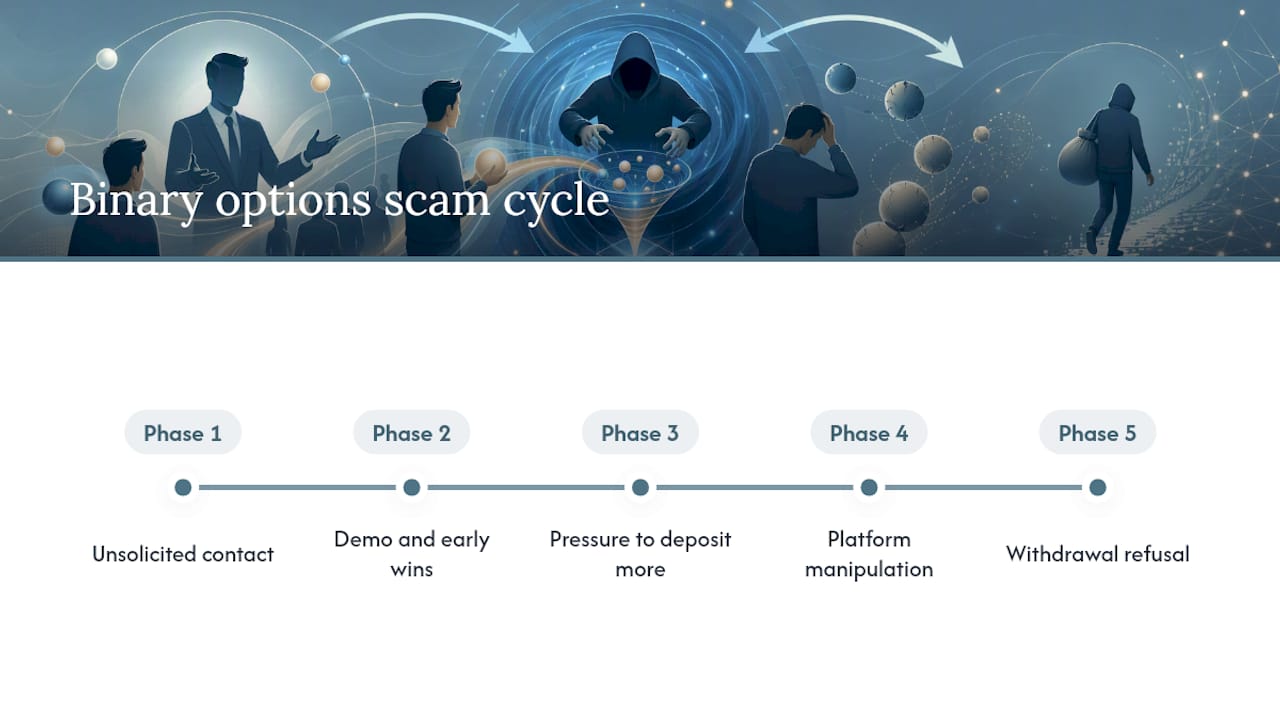 Timeline infographic illustrating binary options scam phases