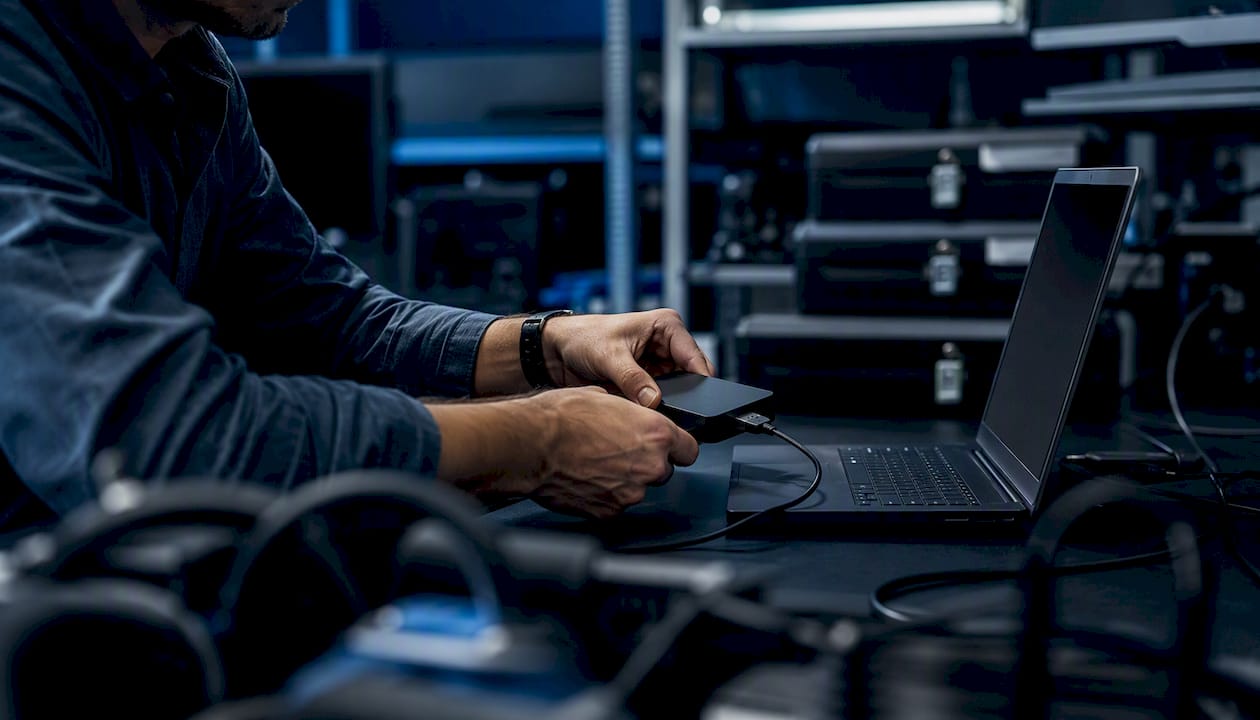 Hands capturing blockchain data on external drive