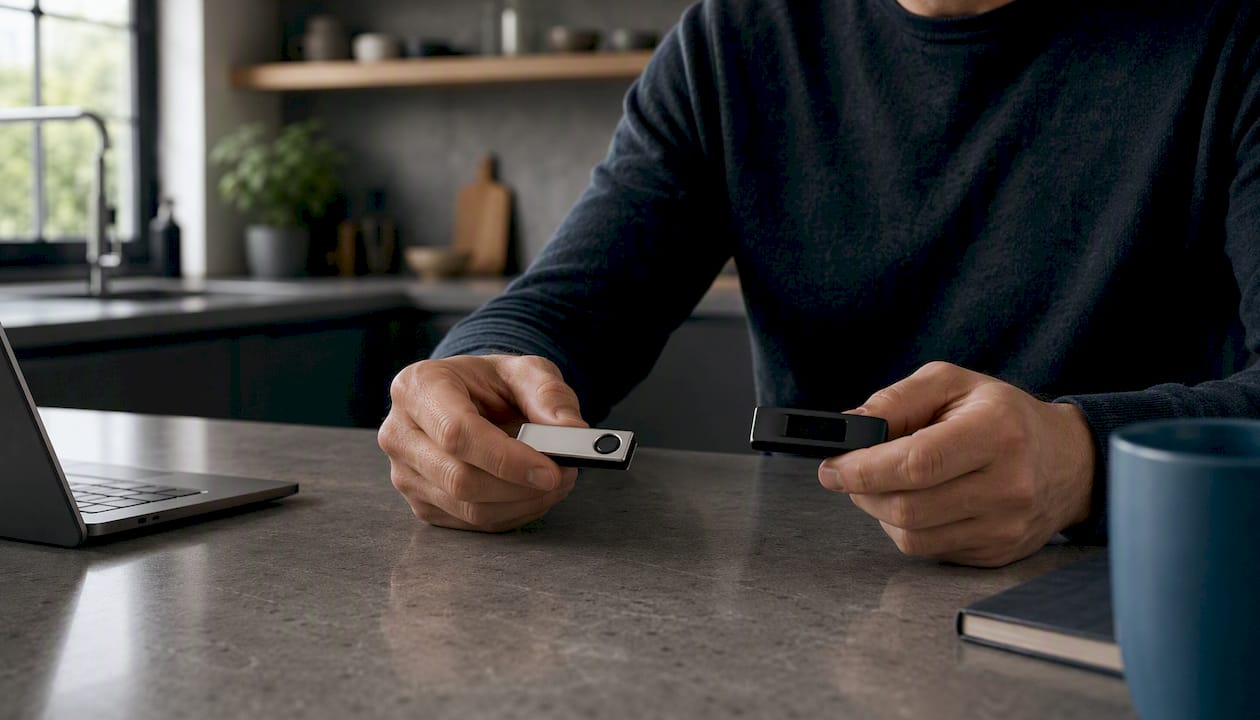 Hands managing multi-sig hardware wallets in cold storage