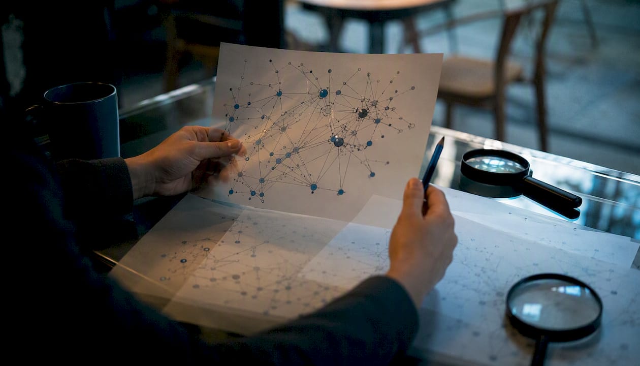 Hands analyzing blockchain data sheets