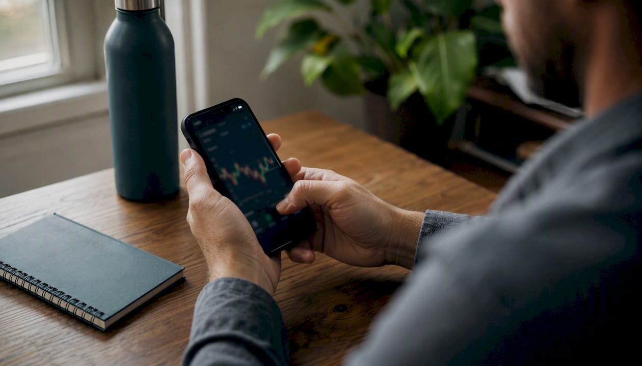 Hands holding phone with crypto charts blurred