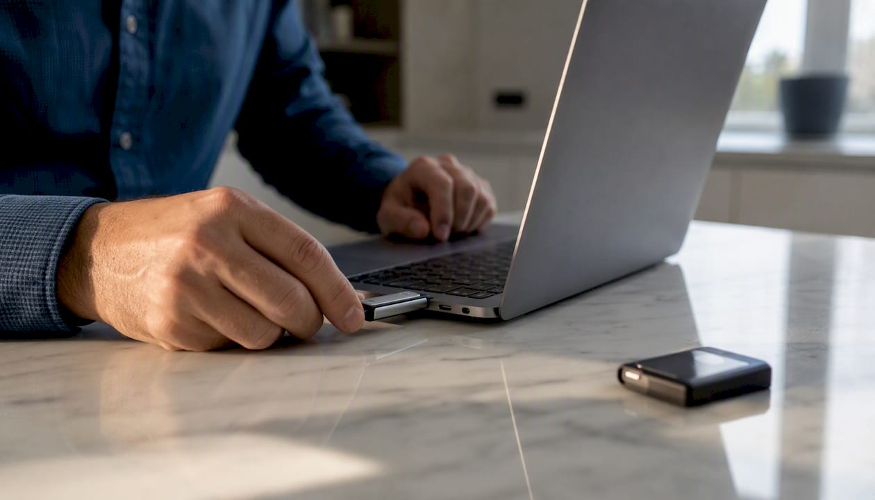 Person plugging USB drive into laptop