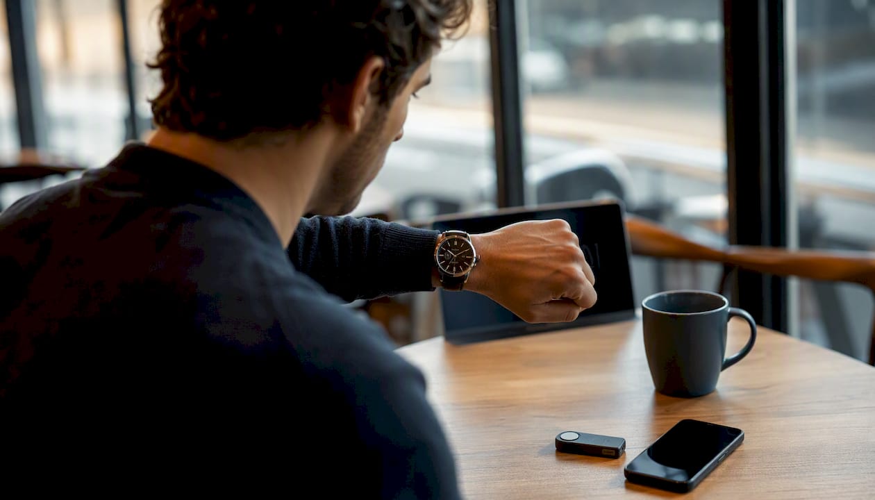 Close-up of wristwatch showing urgency