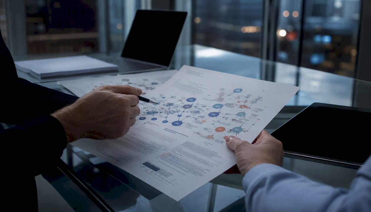 Hands annotating forensic blockchain report