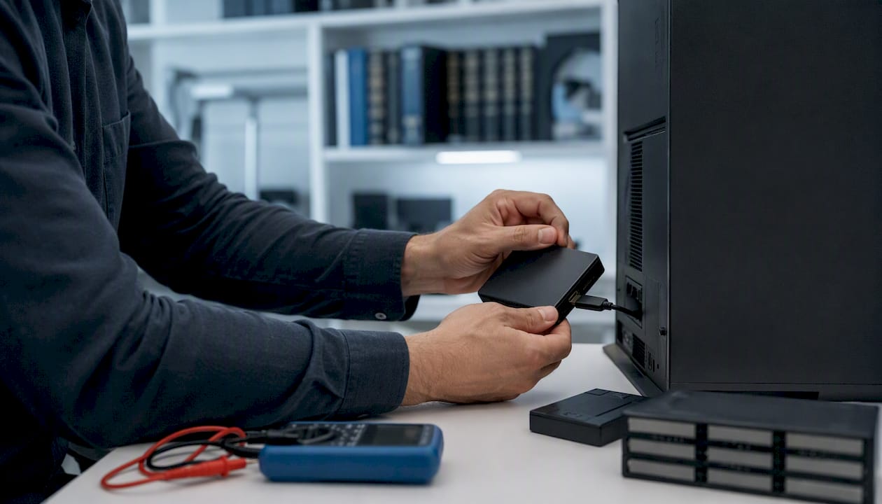 Investigator connecting hard drive for blockchain forensic analysis