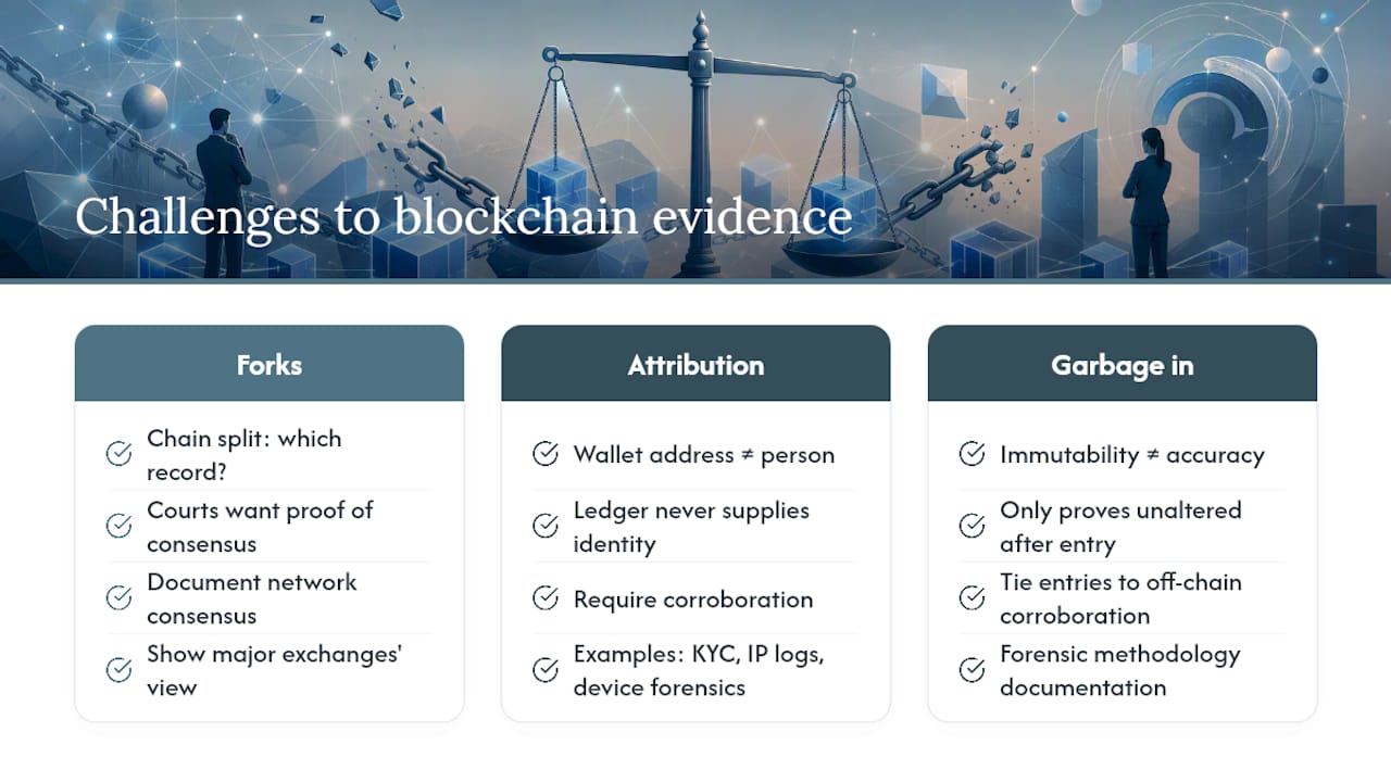 Forks, Attribution Gaps, and Other Ways Blockchain Evidence Gets Challenged — overview diagram