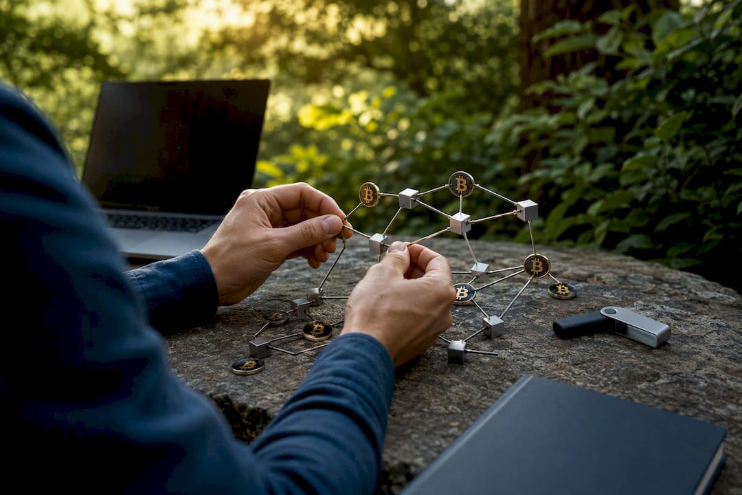 Hands arranging physical model of transaction graph