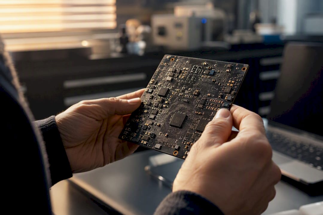 Hands holding circuit board in forensic lab