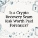 Decorative title card illustration with blockchain and forensic motifs
