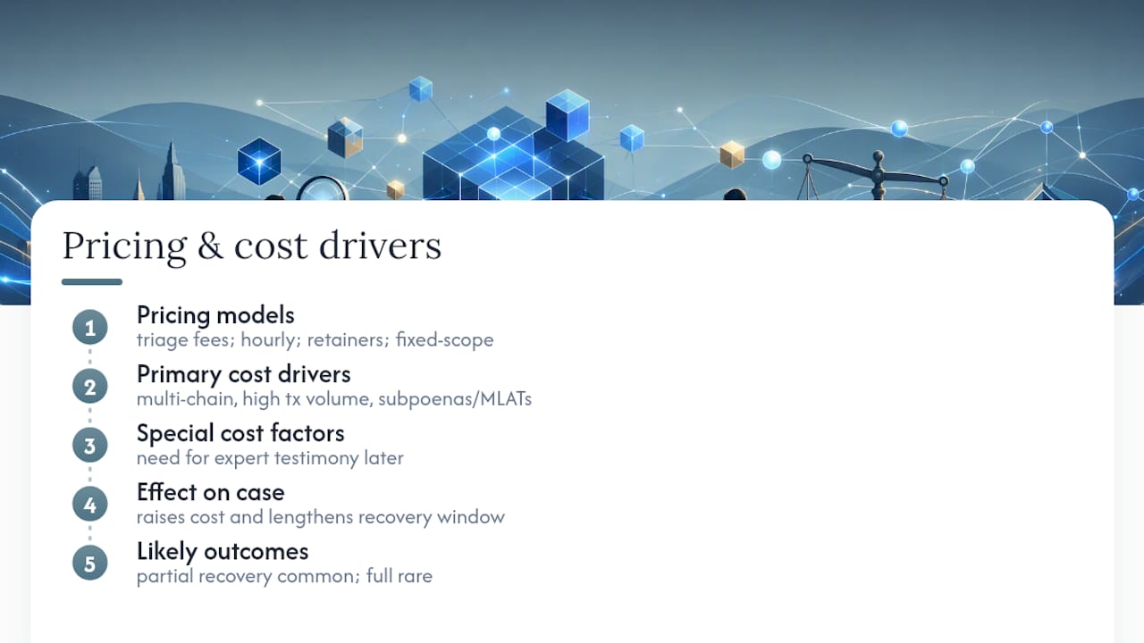 Diagram of pricing factors and cost drivers in crypto recovery