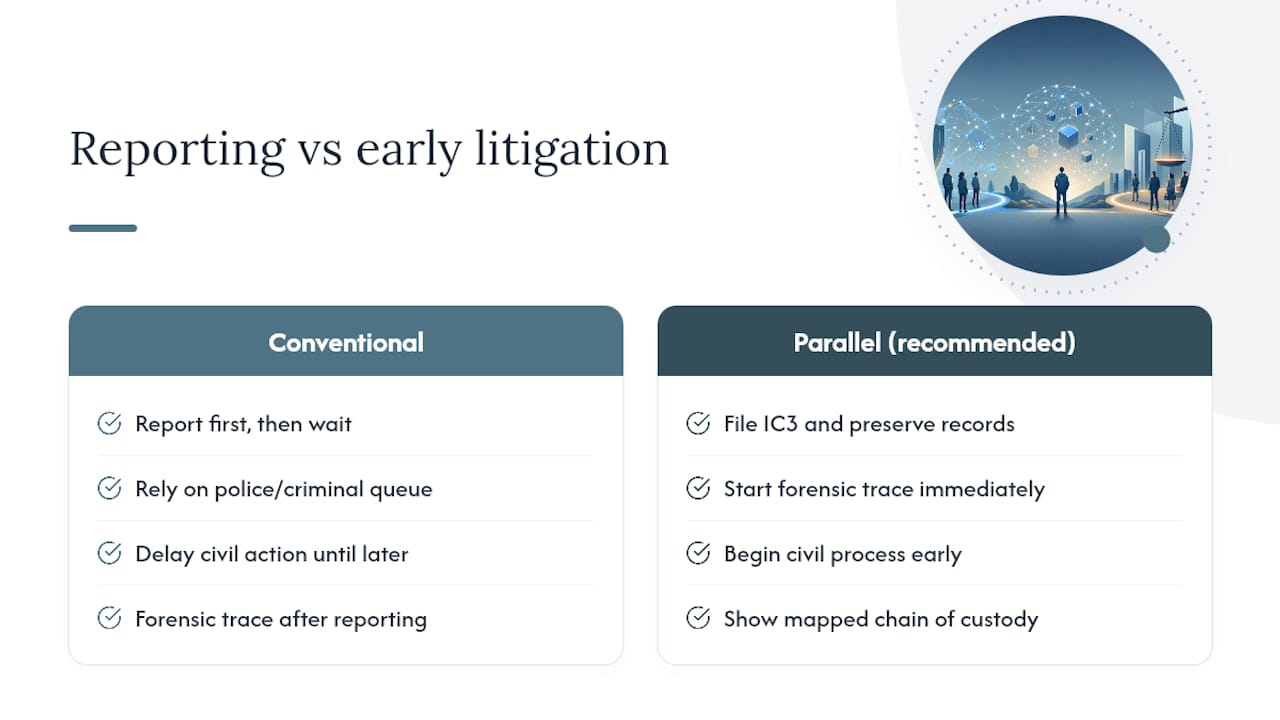 Diagram showing timing of reporting, litigation, and fund freezing