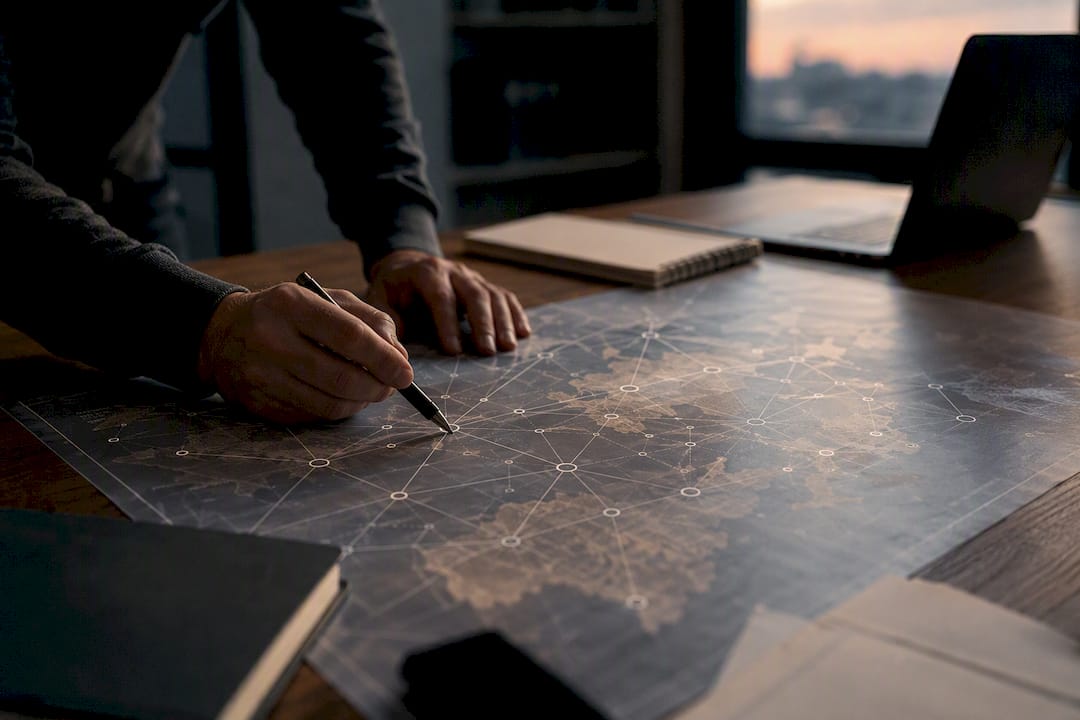 Hands tracing blockchain transactions map