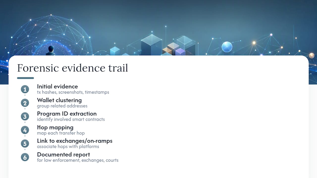 Forensic trail from stolen funds to legal report