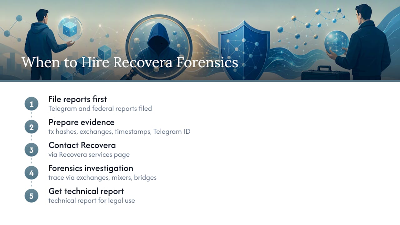 How Recovera Forensics Helps When Telegram Fraud Involves Crypto — overview diagram