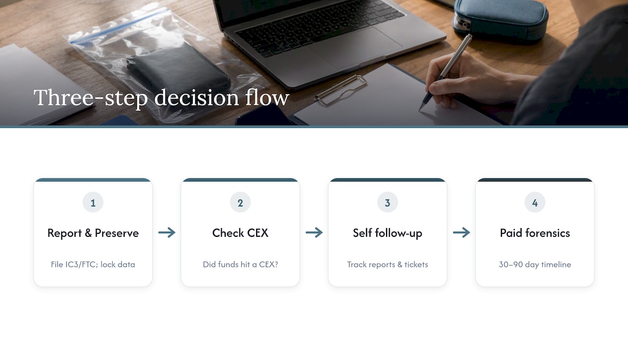 Three-step crypto recovery decision flow