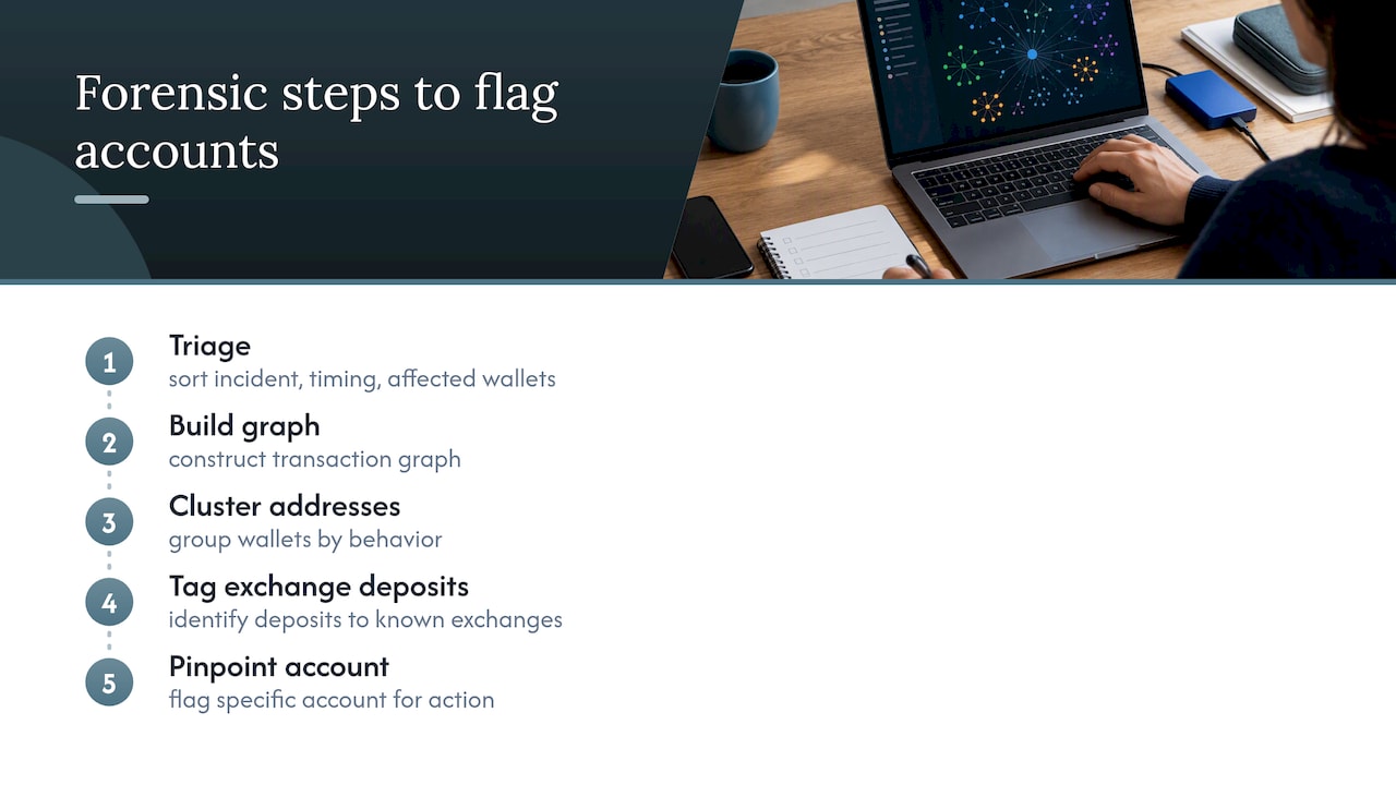 Crypto investigation tracing steps to exchange deposit