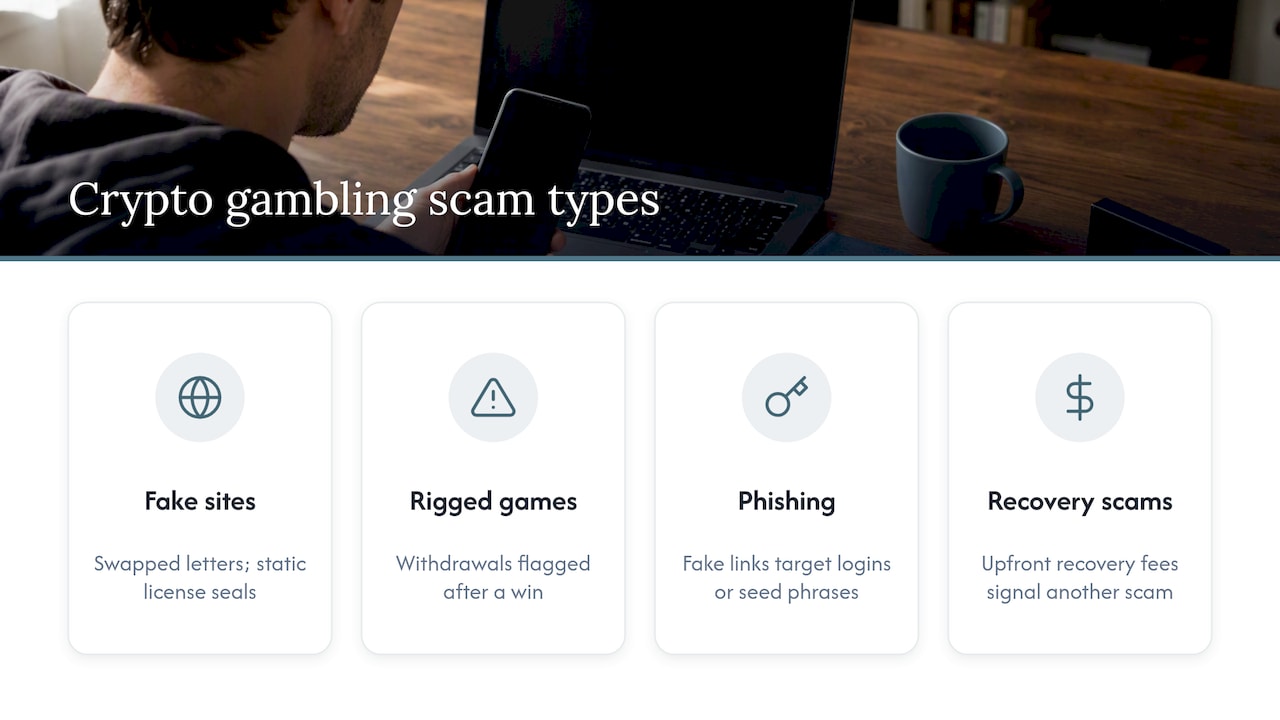 Common Scam Types Targeting Crypto Gamblers — overview diagram