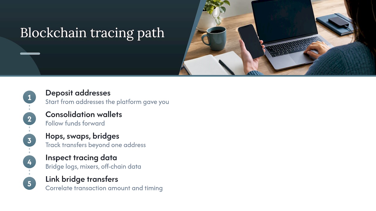 Crypto tracing path through wallets and bridges